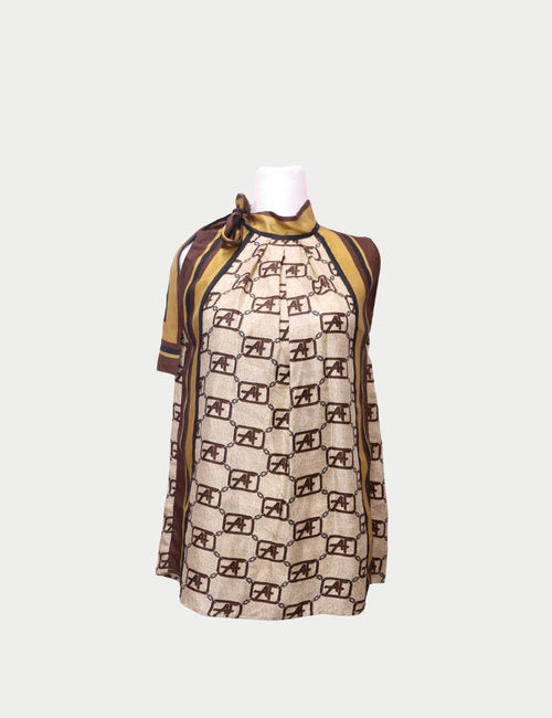 Alberta Ferretti vintage sleeveless blouse with bow-tie neck and AF monogram print