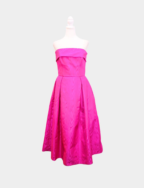 Amsale strapless fuchsia fit-and-flare midi dress in moiré textured fabric