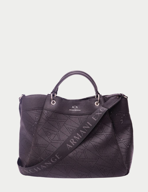Armani Exchange black laser-cut tote bag with perforated design and logo strap