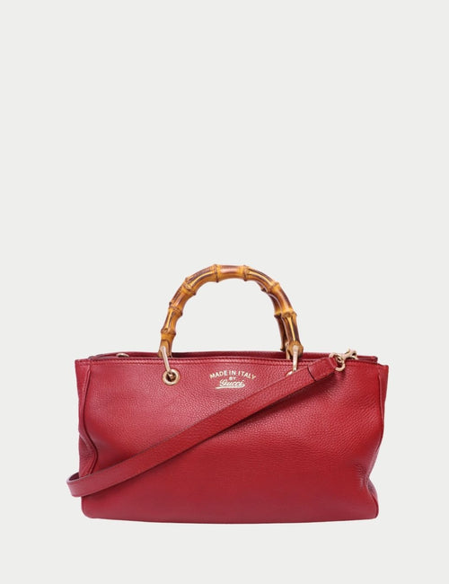 Gucci Red Leather Tote with Bamboo Handles and Gold “Made in Italy by Gucci” Stamp