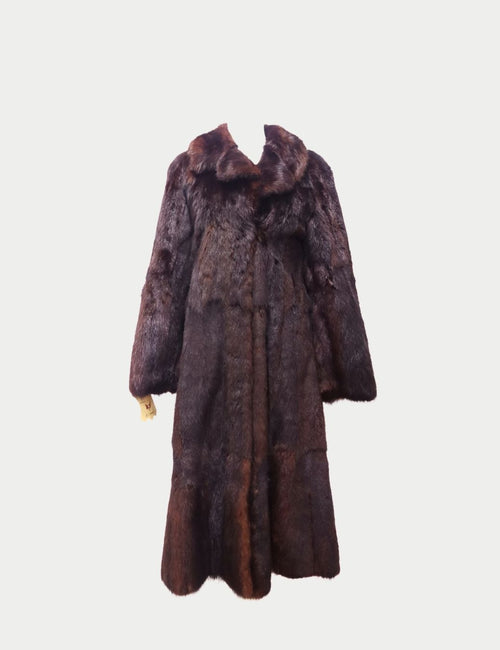Vintage brown mink fur full-length coat with wide collar and satin lining