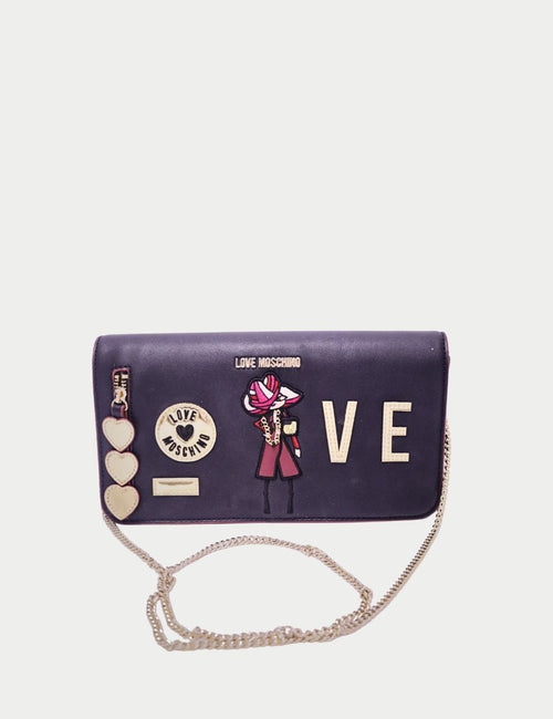 Love Moschino black crossbody bag with colorful appliqué and chain strap