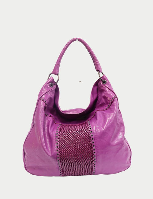 Bottega Veneta Fuchsia Woven Leather Hobo Bag with braided handle and eyelet accents