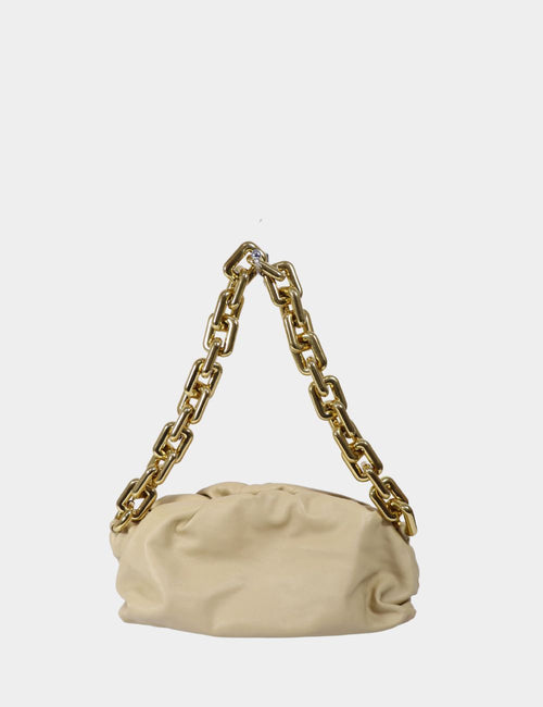 Beige Bottega Veneta pouch bag with chunky gold chain strap and ruched leather design
