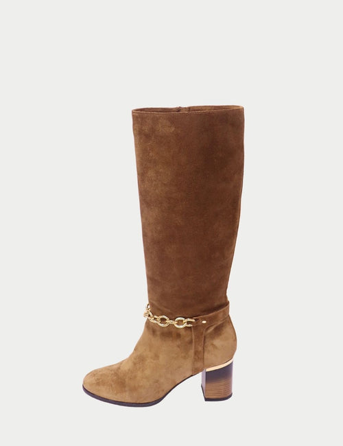 Burberry Camel Suede Knee-High Boots with Gold Chain Detail and Block Heel