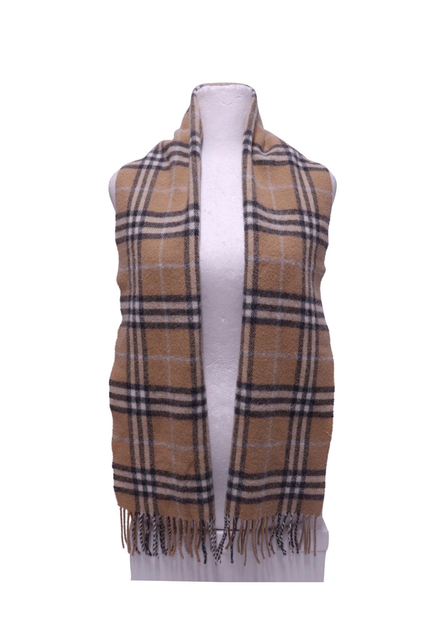 Burberry Camel Check Wool Scarf with Fringe Detail