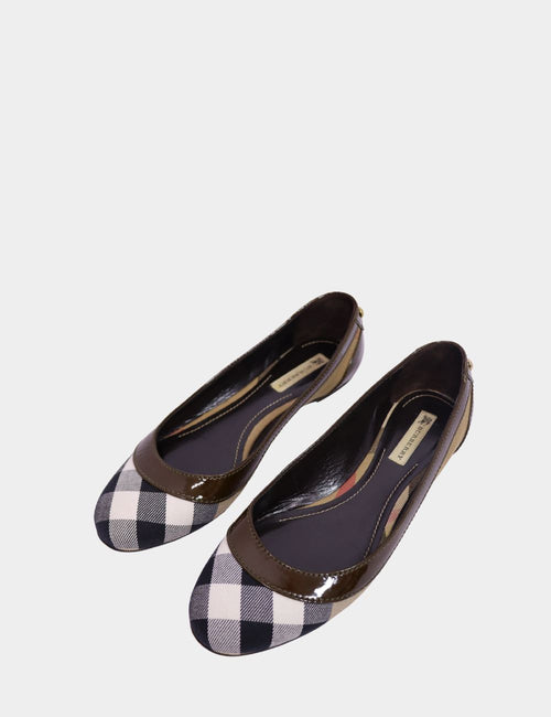"Burberry check print ballerina flats with brown patent leather trim and round toe on white background."