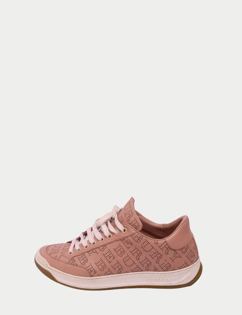 Burberry blush pink leather sneakers with perforated logo design, white laces, and white rubber sole.