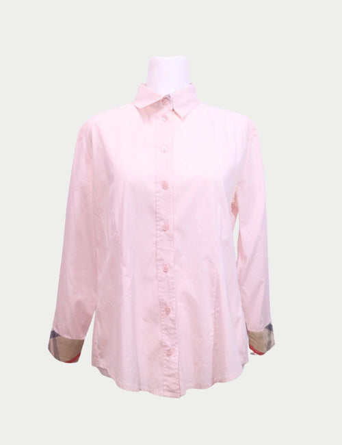 Burberry pale pink button-up shirt with long sleeves and check print cuffs