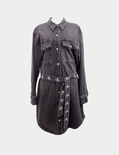 Calvin Klein women’s washed black denim shirt dress with CK logo belt – long sleeve, snap-button front, chest pockets.