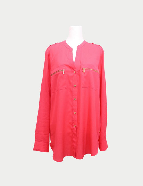 Calvin Klein hot pink blouse with long sleeves, gold zipper chest pockets, and button-down front