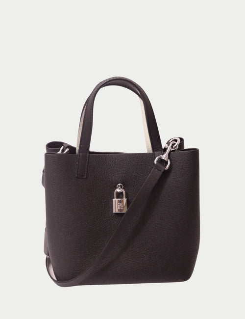 Carolina Herrera black leather bucket bag with silver lock and shoulder strap