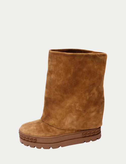 Casadei Camel Suede Platform Boots with Hidden Wedge Heel and Braided Sole Detail