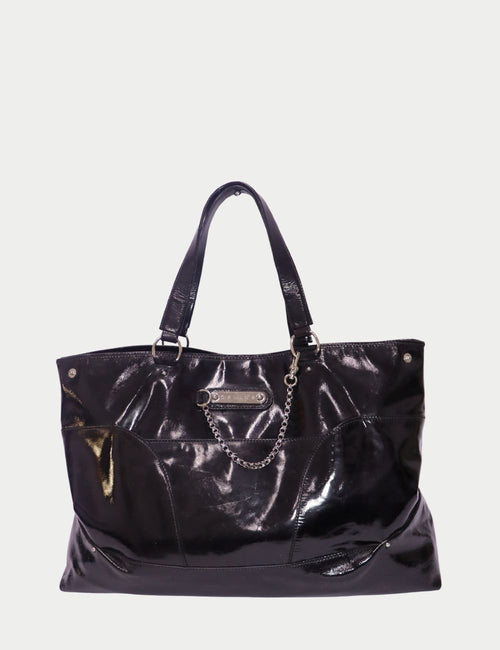 Celine black patent leather hobo tote bag with chain detail and silver hardware