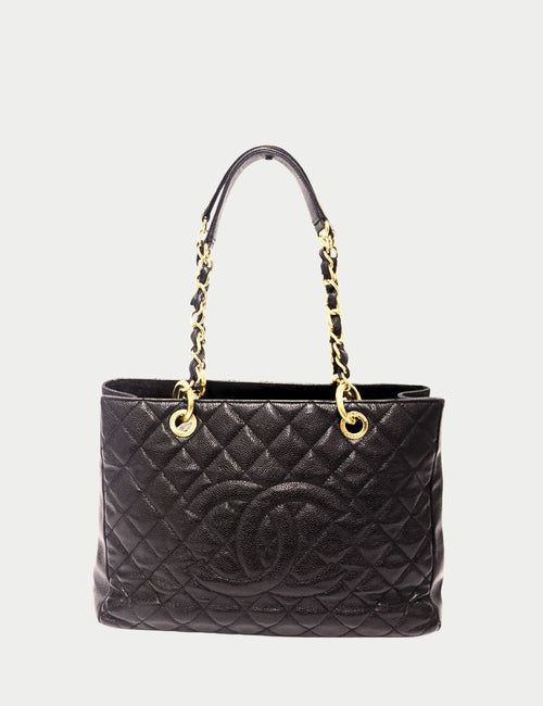 Chanel black quilted caviar leather tote bag with gold chain shoulder straps and front slip pocket