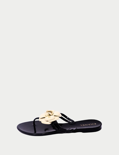 Chanel black jelly sandals with cream camellia flower and CC logo