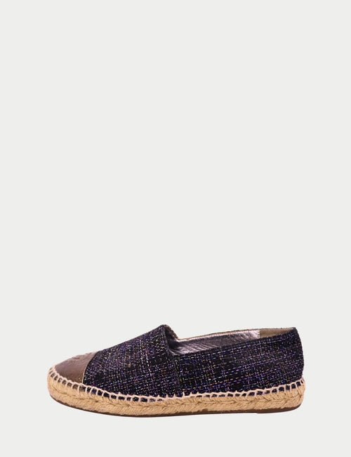 Chanel tweed espadrilles with metallic gold leather cap toe and embossed CC logo