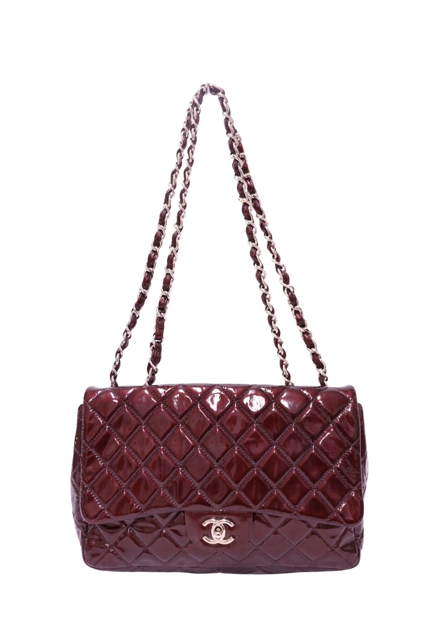 Chanel Burgundy Patent Leather Quilted Classic Flap Shoulder Bag