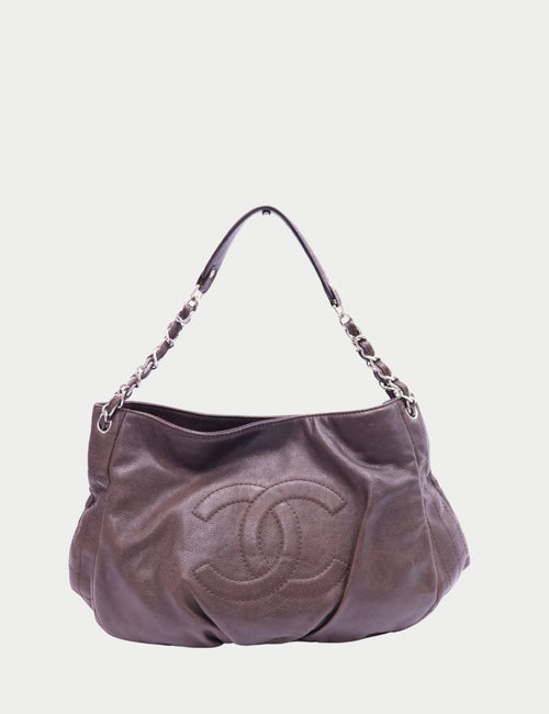 Chanel brown caviar leather hobo bag with chain and leather strap and CC logo