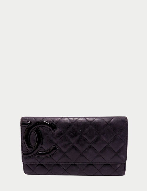 Chanel Black Quilted Wide Flap Wallet with Large Patent CC Logo in Lambskin Leather