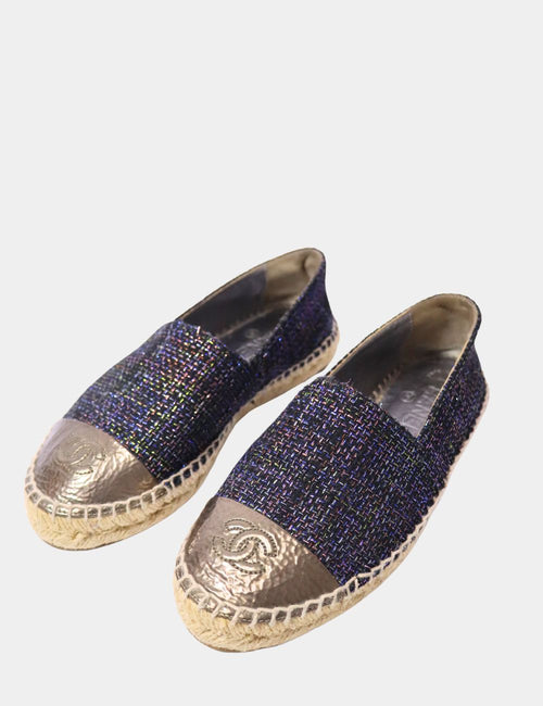 Chanel multicolor tweed espadrilles with metallic leather cap toe and CC logo.