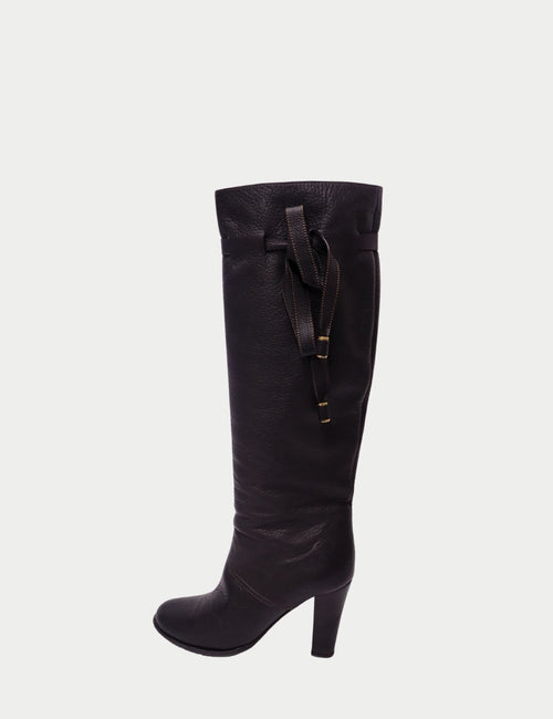 Chloé Black Leather Knee-High Boots with Tie Detail and High Heel