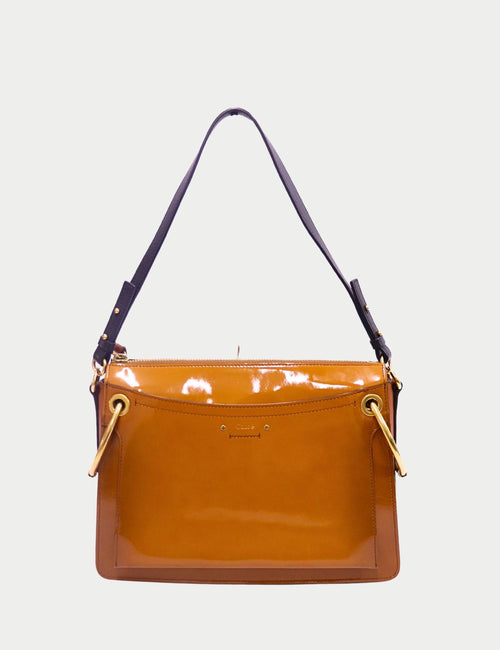 Chloé Glossy Camel Leather Shoulder Bag with gold hardware and dark leather strap