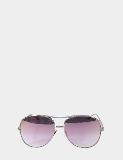 "Chloé silver aviator sunglasses with pink gradient lenses, displayed on white background."