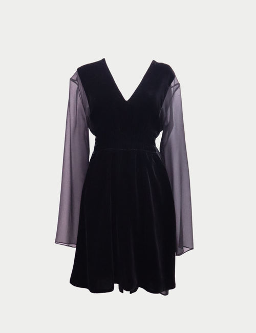 Chloé black velvet mini dress with V-neckline and sheer long sleeves