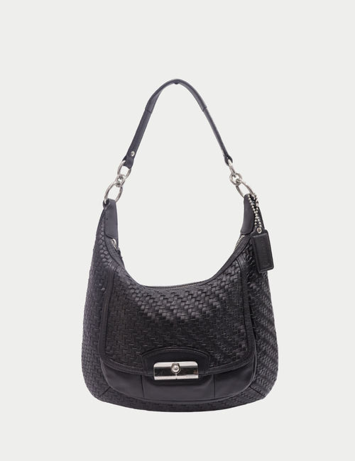 Coach black woven leather shoulder bag with silver turnlock closure and leather strap