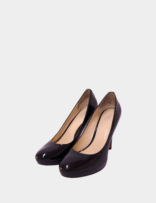 Coach black patent leather platform pumps with rounded toe