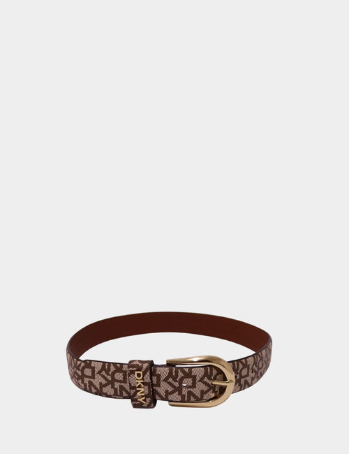 DKNY brown monogram logo belt with gold-tone buckle, featuring all-over print and branded belt loop.
