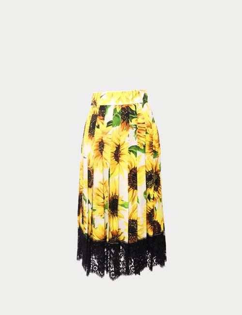 Dolce & Gabbana sunflower print pleated midi skirt with black lace hem detailing
