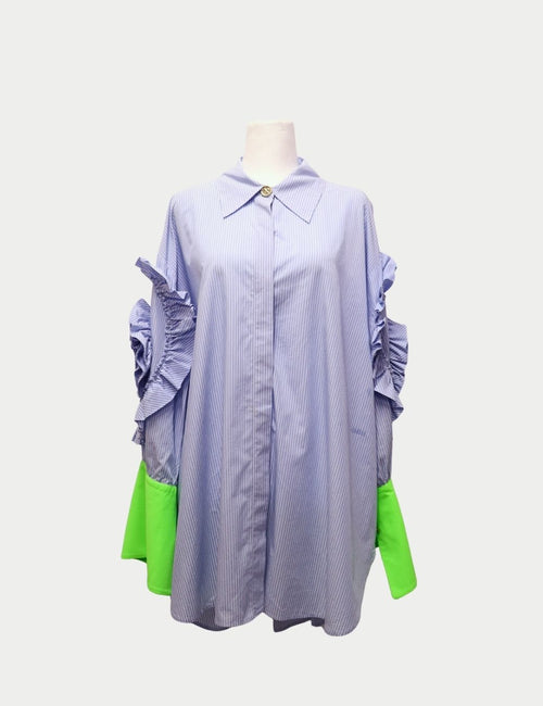 Edward Achour Paris Blue Striped Shirt with Ruffle Sleeves and Neon Green Contrast Cuffs