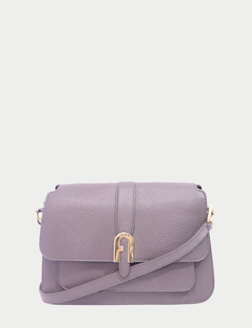 Furla grey pebbled leather shoulder bag with flap and gold logo buckle