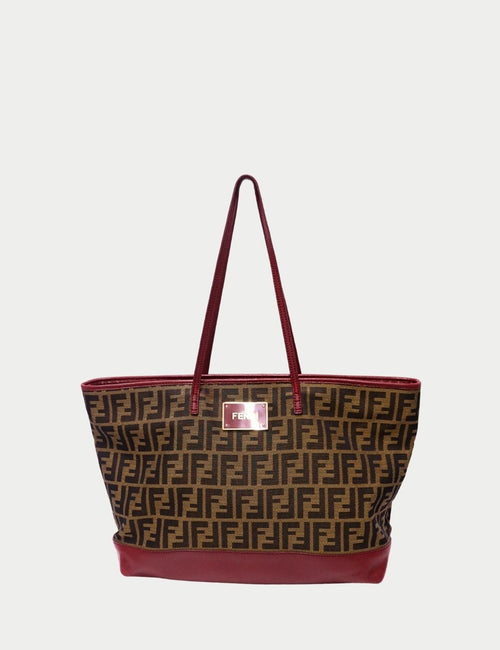 Fendi Zucca Monogram Tote Bag in Brown Canvas with Red Leather Trim and Gold Logo Plaque