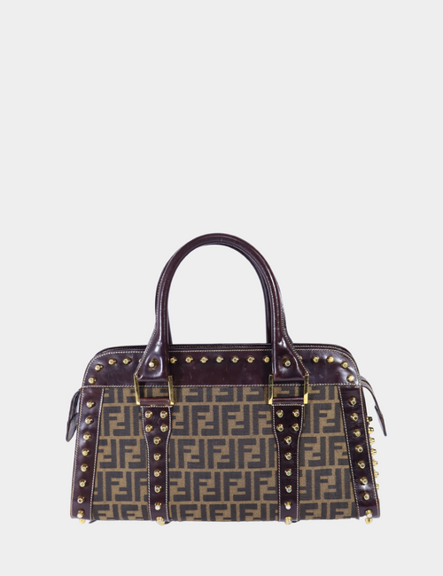 Fendi Zucca monogram canvas handbag with brown leather trim and gold studs