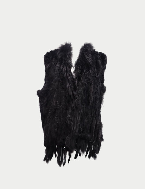 Black fur vest with long fringe hem and open front