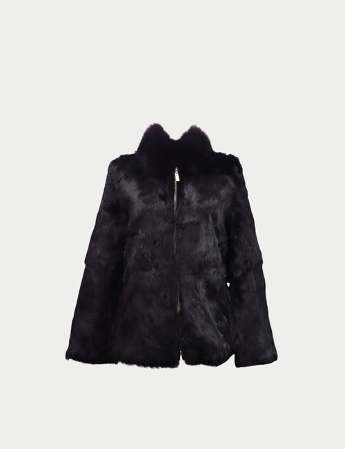 Black fur jacket with zip-up front and high collar