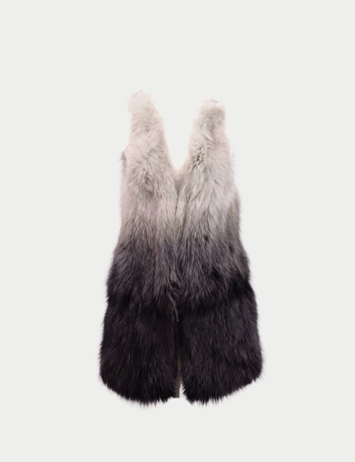 Ombre fur vest in gradient grey to black tones, sleeveless open-front design