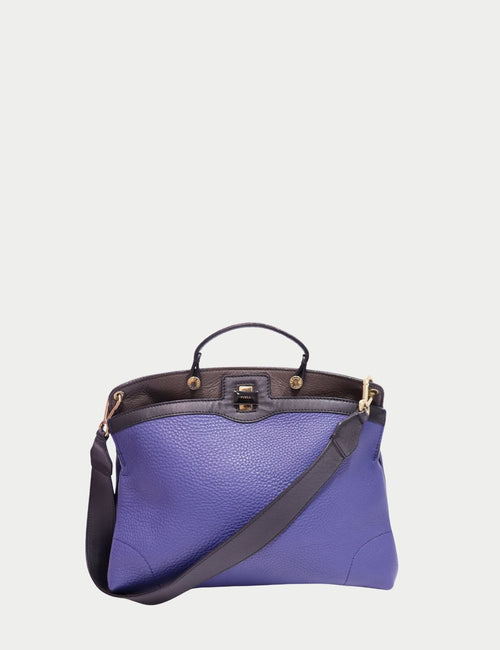 Furla purple leather satchel bag with black trim and gold clasp