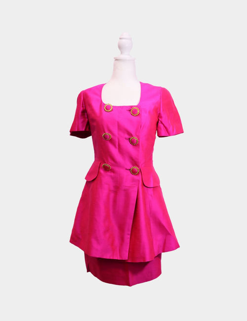 Vintage Georges Rech fuchsia skirt suit with gold buttons and structured peplum jacket