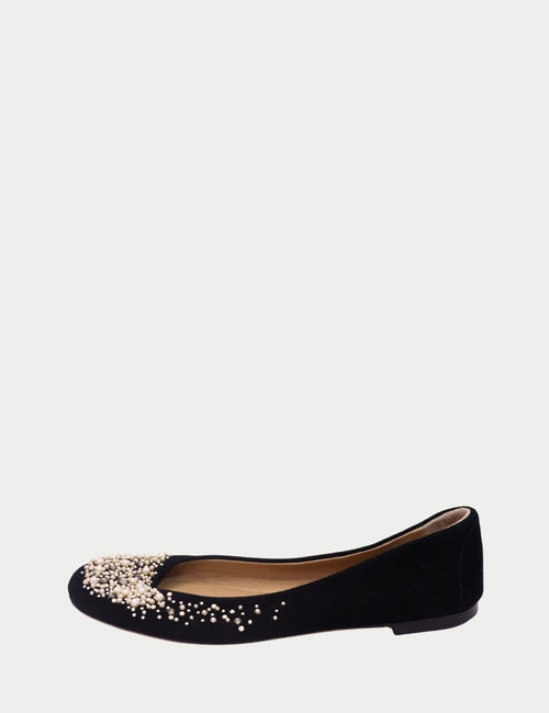 Giuseppe Zanotti black suede ballet flats with pearl embellishment on toe