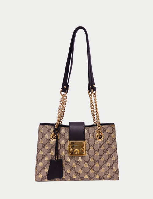 Gucci Padlock GG Supreme Bee Motif Shoulder Bag in Brown Canvas with Gold Chain
