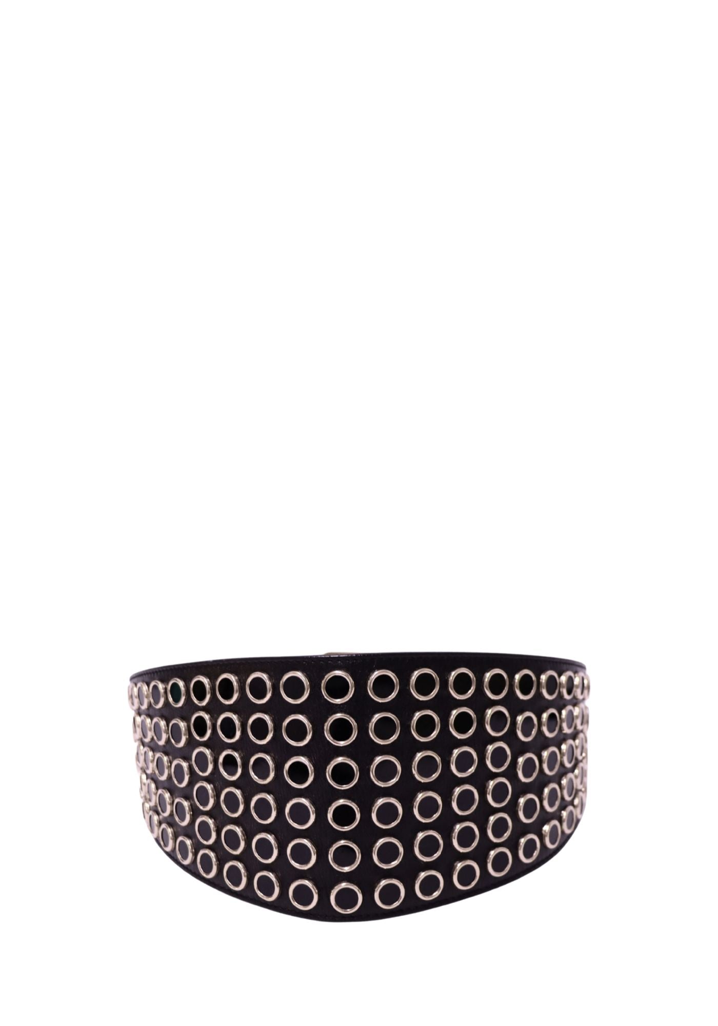 Gucci Black Wide Leather Belt with Gold-Tone Circular Grommet Studs