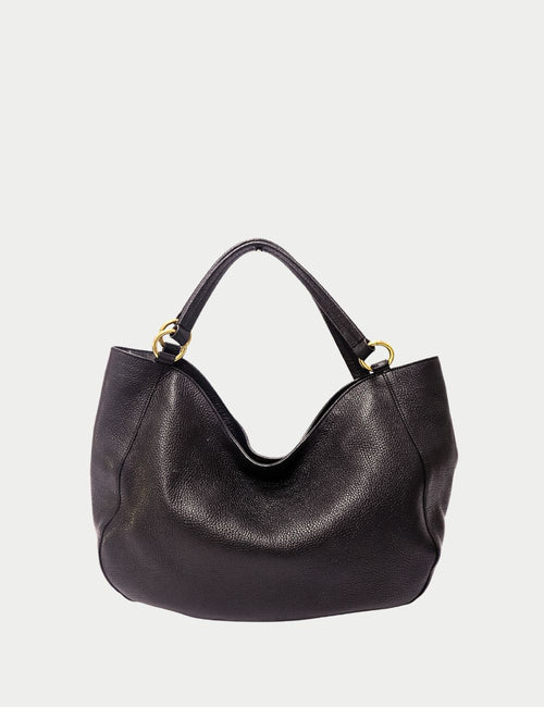 Gucci black pebbled leather hobo bag with dual shoulder straps and gold-tone ring hardware