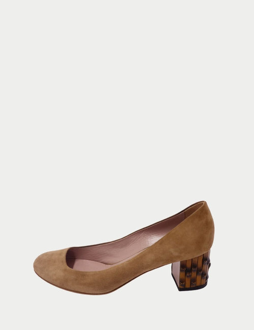 Gucci brown suede block-heel pumps with sculpted heel and round toe