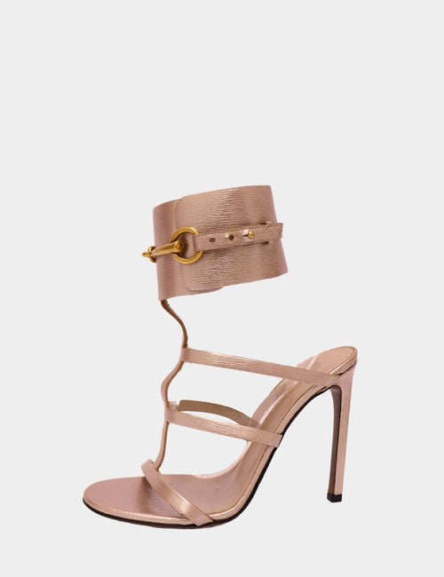 Gucci gold strappy heels with signature horsebit ankle cuffs