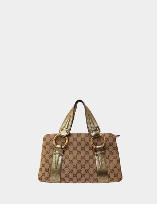 Gucci monogram GG canvas tote with metallic leather straps and bamboo ring handles