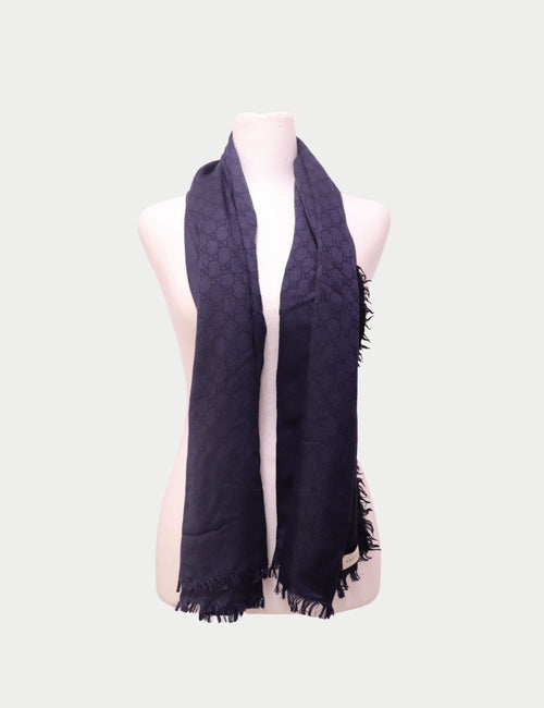 Gucci navy blue scarf with GG monogram and fringed edges